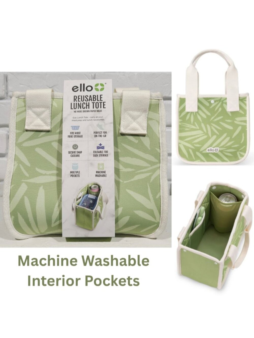 Ello NWT Washable Insulated Green leaf Lunch Tote Bag w/ Pockets Neoprene